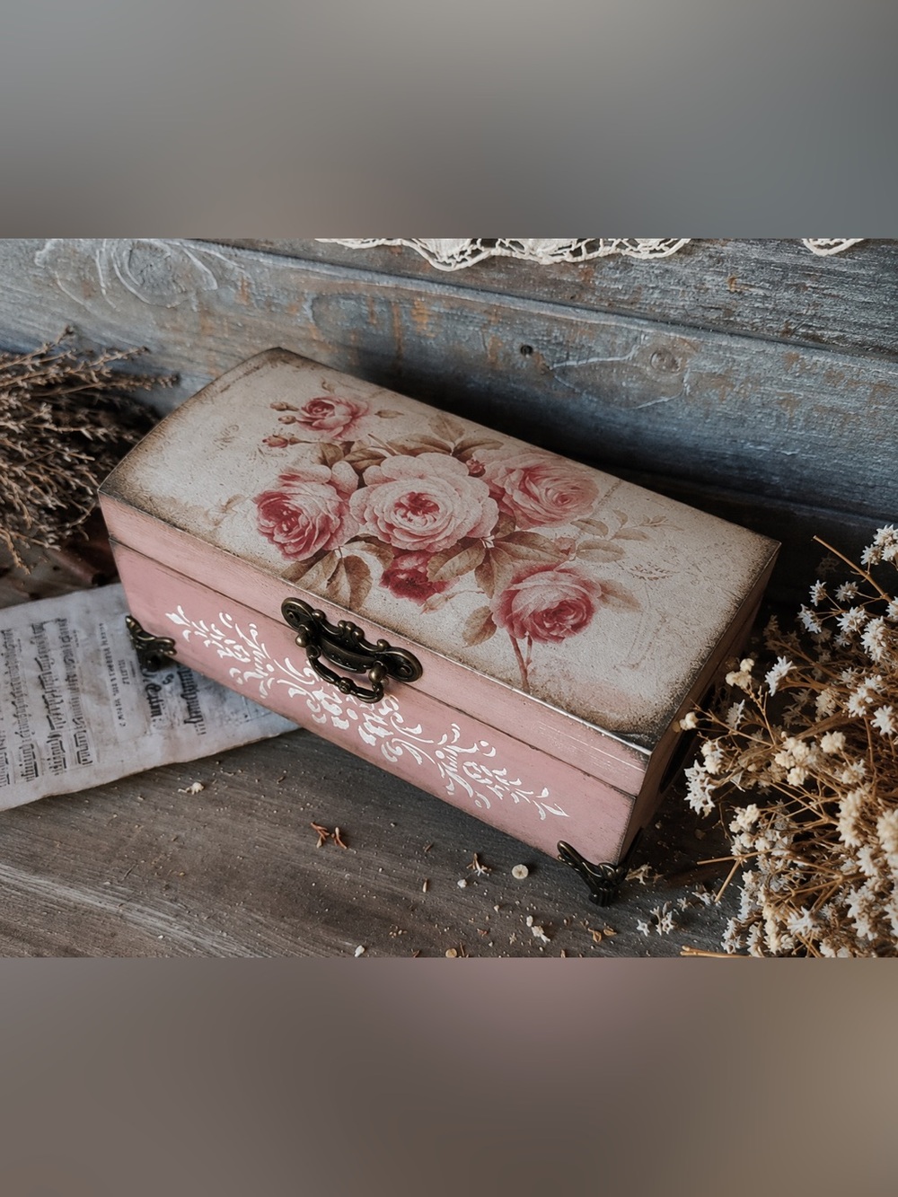 Handcrafted Reworked Vintage Jewlery Box floral pink mauve coquette painted